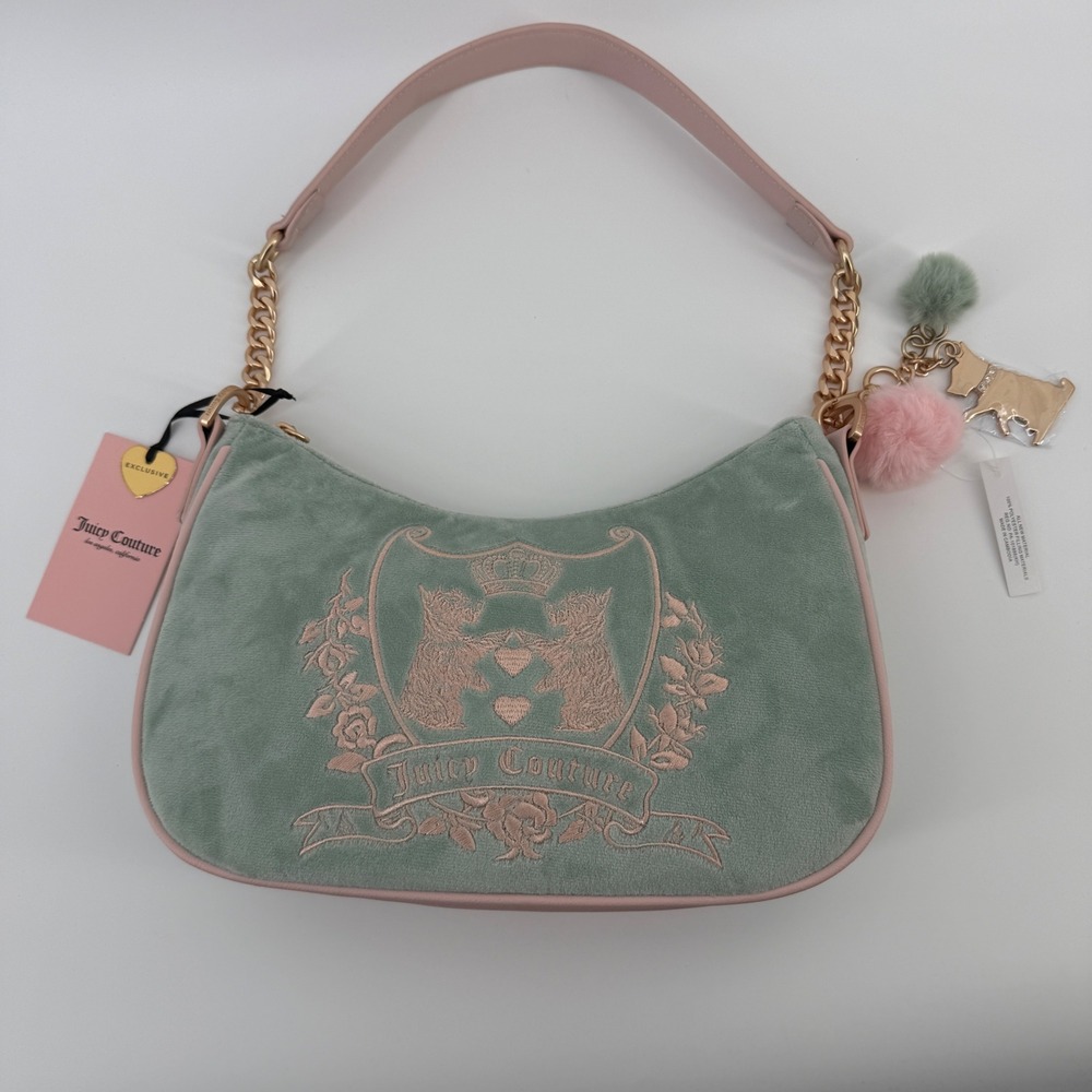 Juicy Couture New Love Chapter Shoulder Bag Frosty Green Velour Scottie Dog NWT